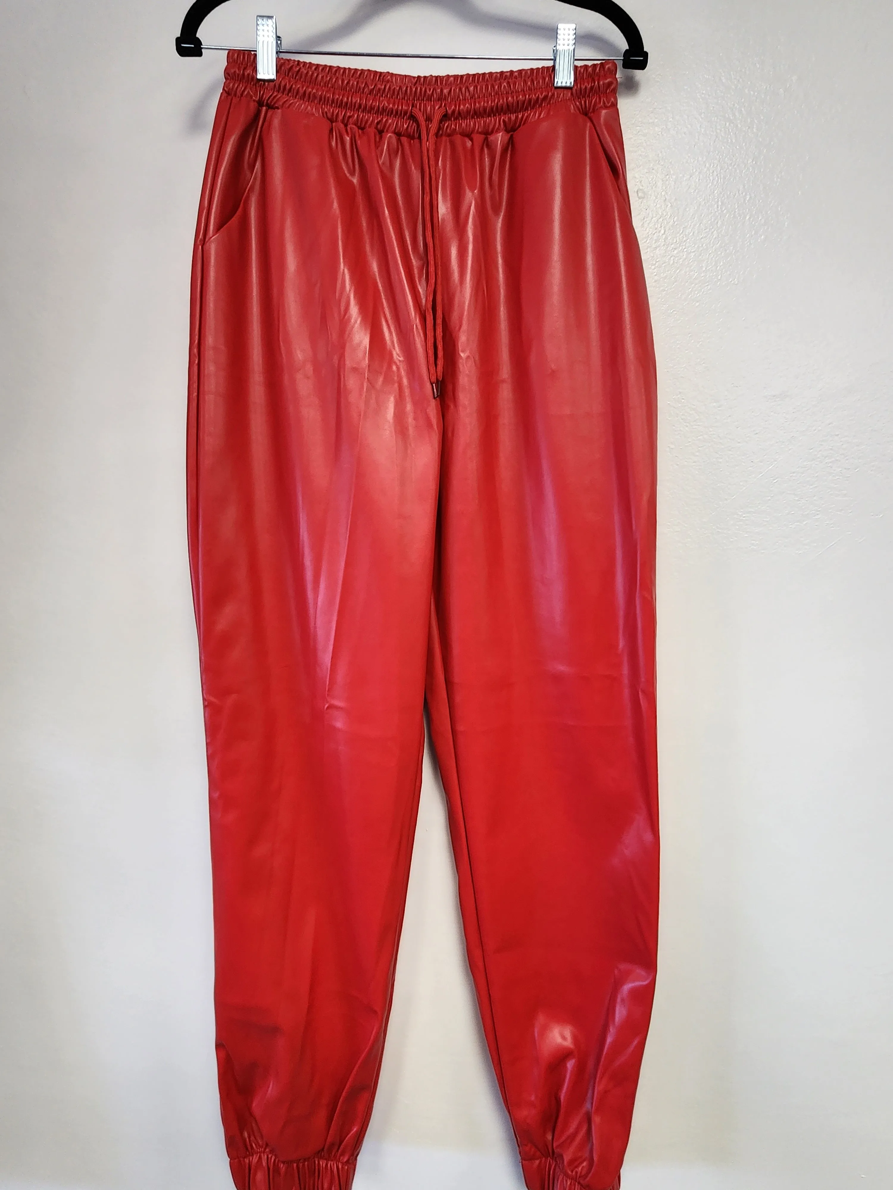 - Women's Solid Color Faux Leather Drawstring Pants