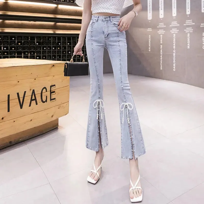 Aiertu Spring New Bow Slim Fit Flare Split Jeans Women Casual Wash Fashion High Waist Snowflake Beading Light Blue Denim Cropped Pants