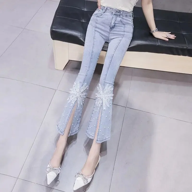 Aiertu Spring New Bow Slim Fit Flare Split Jeans Women Casual Wash Fashion High Waist Snowflake Beading Light Blue Denim Cropped Pants