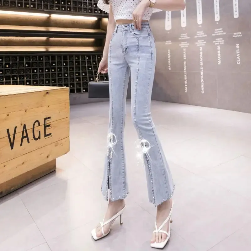 Aiertu Spring New Bow Slim Fit Flare Split Jeans Women Casual Wash Fashion High Waist Snowflake Beading Light Blue Denim Cropped Pants