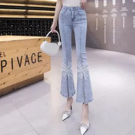 Aiertu Spring New Bow Slim Fit Flare Split Jeans Women Casual Wash Fashion High Waist Snowflake Beading Light Blue Denim Cropped Pants