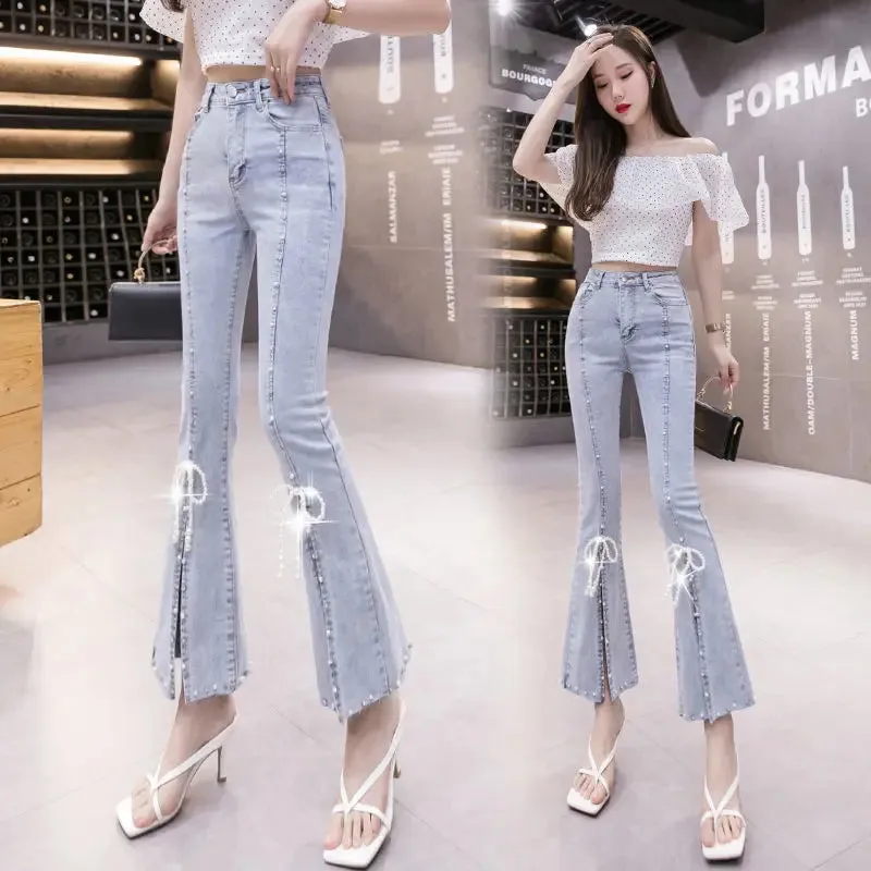 Aiertu Spring New Bow Slim Fit Flare Split Jeans Women Casual Wash Fashion High Waist Snowflake Beading Light Blue Denim Cropped Pants