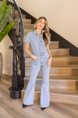 Ainsley Short Sleeve Button Down Flare Leg Denim Jumpsuit Light Wash