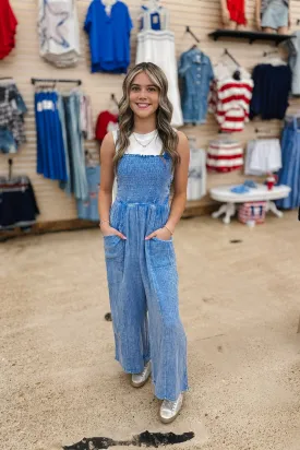 Back To You Acid Wash Blue Jumpsuit