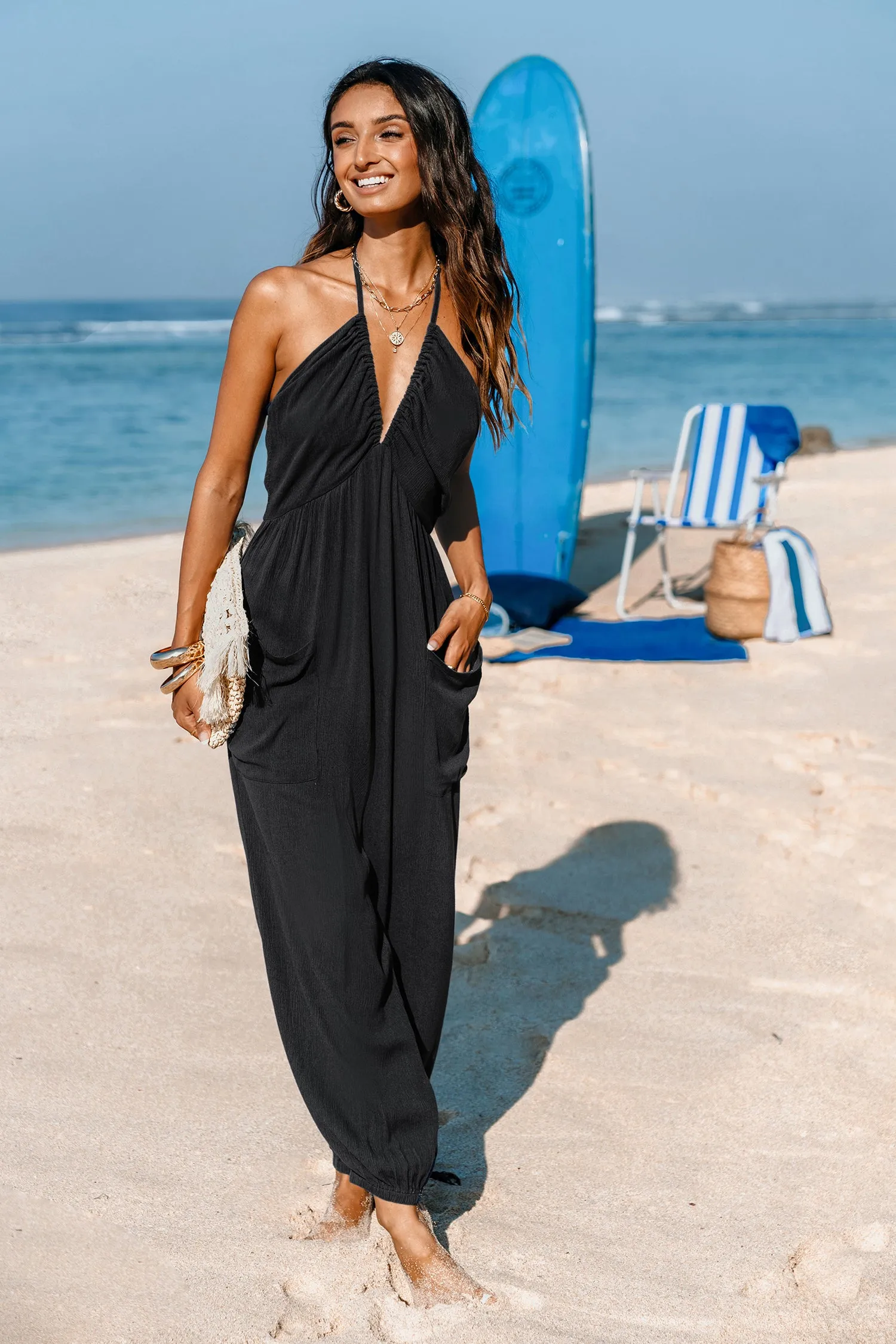 Black Plunge Halter Jogger Jumpsuit