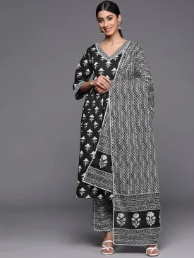 Black Printed Cotton A-Line Kurta With Trousers & Dupatta