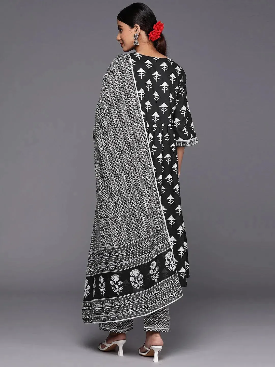 Black Printed Cotton A-Line Kurta With Trousers & Dupatta