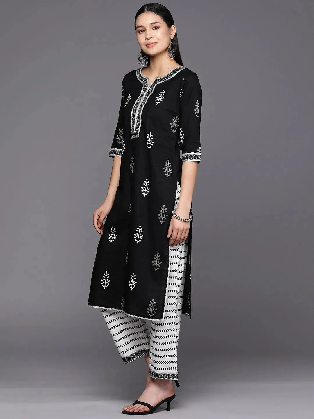 Black Printed Cotton Straight Kurta With Trousers & Dupatta