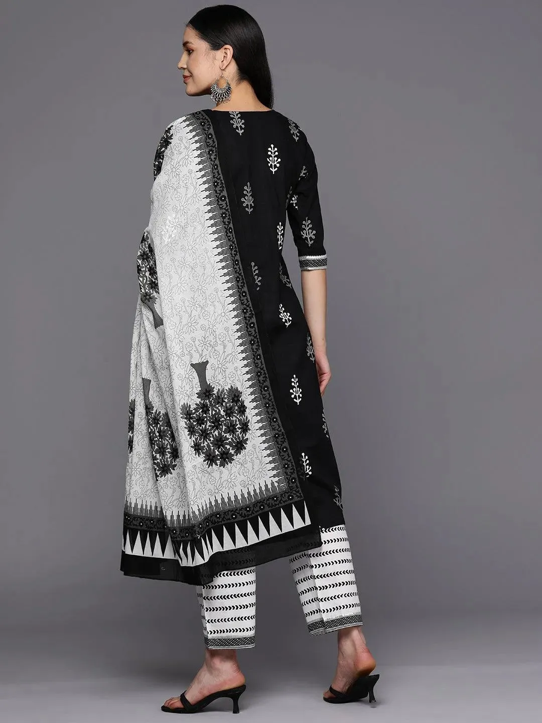 Black Printed Cotton Straight Kurta With Trousers & Dupatta