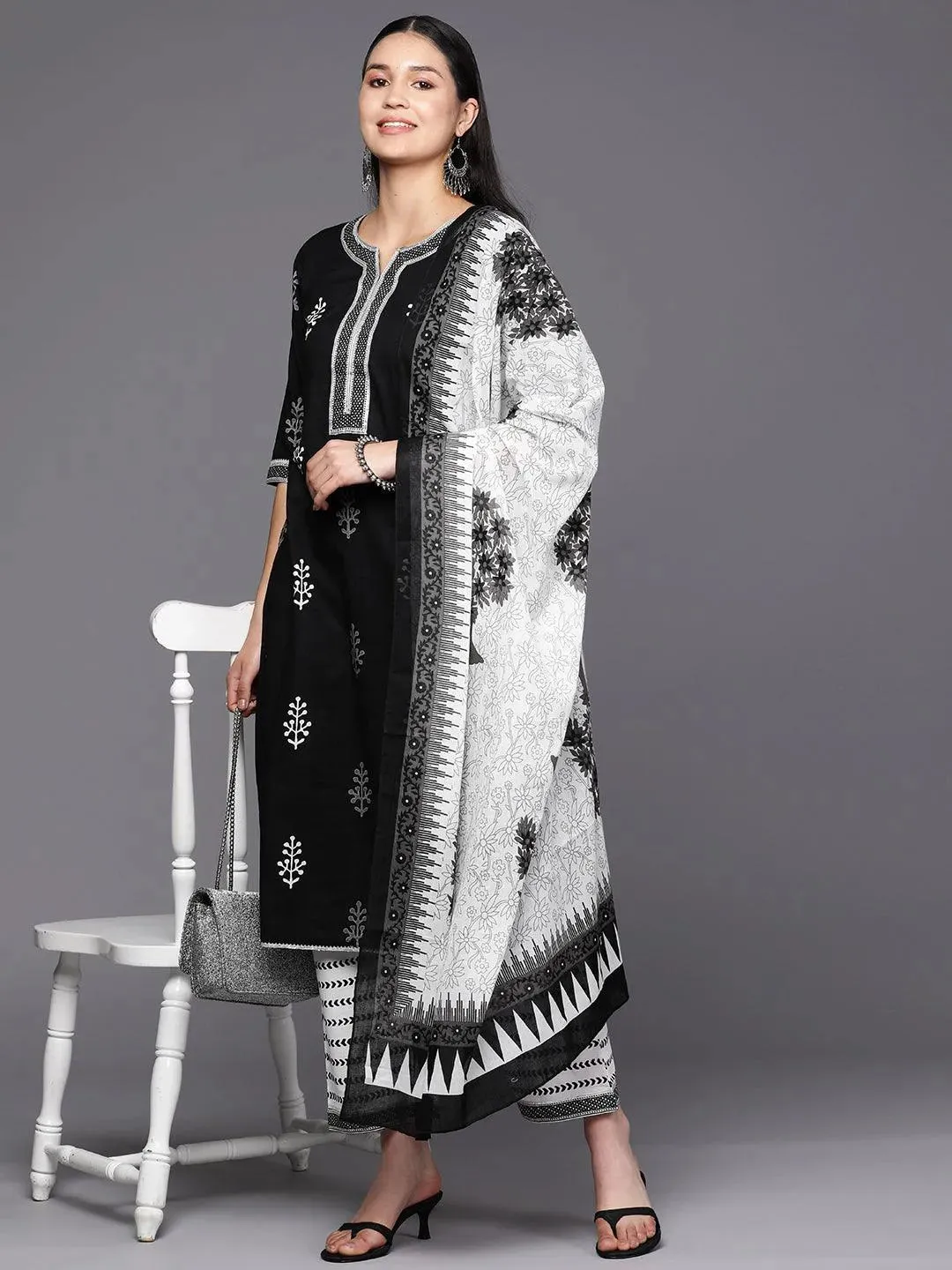 Black Printed Cotton Straight Kurta With Trousers & Dupatta