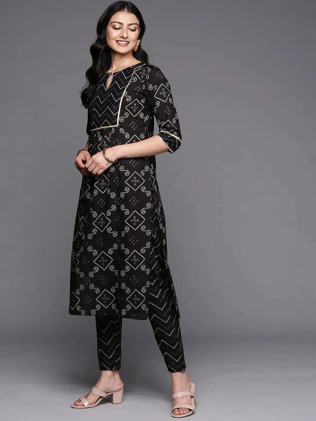 Black Printed Cotton Straight Kurta With Trousers