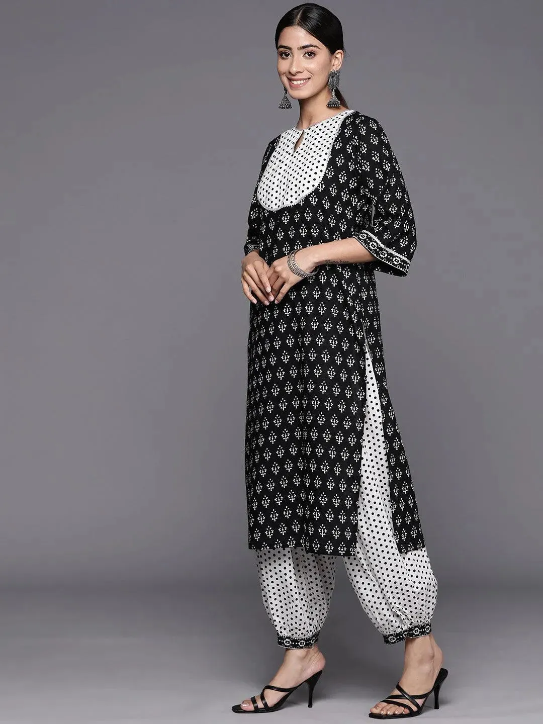 Black Yoke Design Cotton Straight Kurta With Salwar & Dupatta