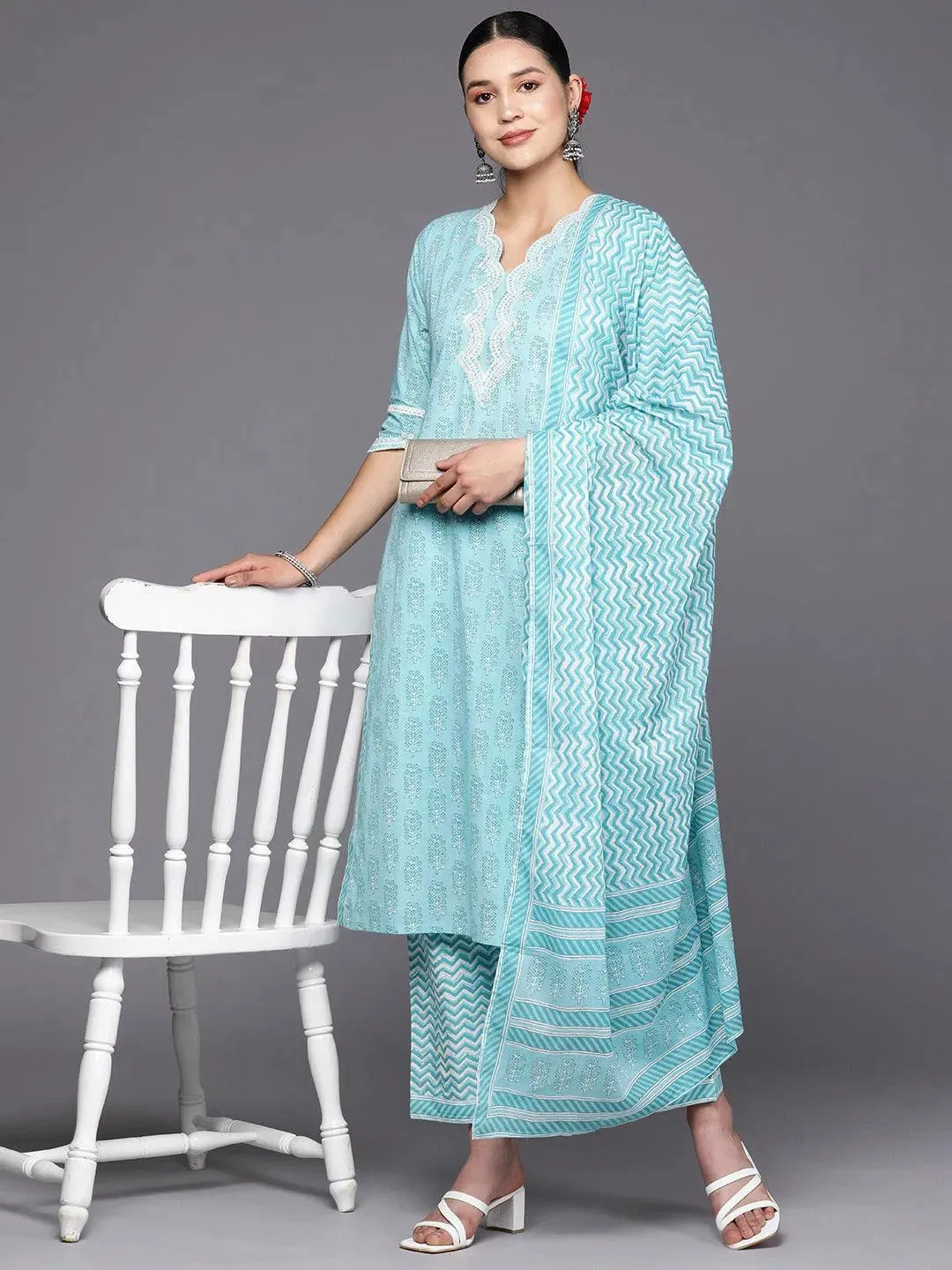 Blue Embroidered Cotton Straight Kurta With Trousers & Dupatta