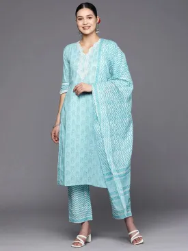 Blue Embroidered Cotton Straight Kurta With Trousers & Dupatta