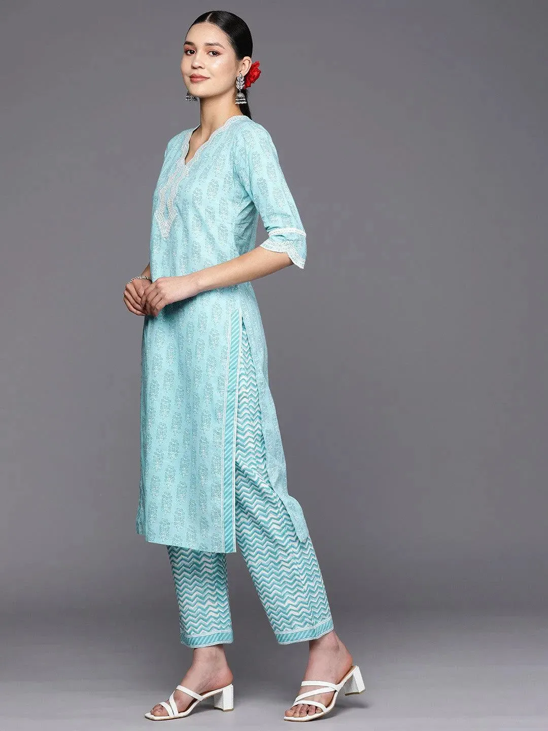 Blue Embroidered Cotton Straight Kurta With Trousers & Dupatta