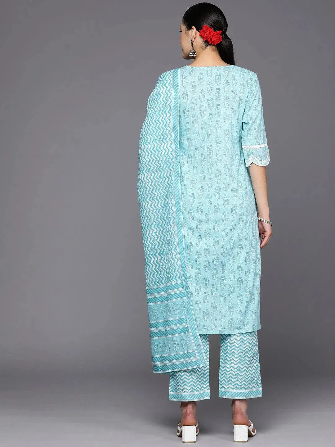 Blue Embroidered Cotton Straight Kurta With Trousers & Dupatta