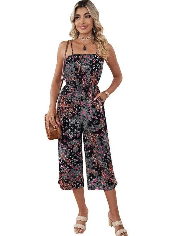 Bohemian Style Sleeveless Jumpsuit With Printed Belt And Suspender Pocket