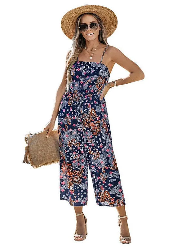 Bohemian Style Sleeveless Jumpsuit With Printed Belt And Suspender Pocket