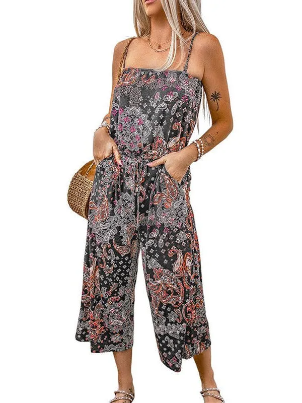 Bohemian Style Sleeveless Jumpsuit With Printed Belt And Suspender Pocket