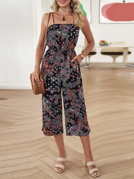 Bohemian Style Sleeveless Jumpsuit With Printed Belt And Suspender Pocket