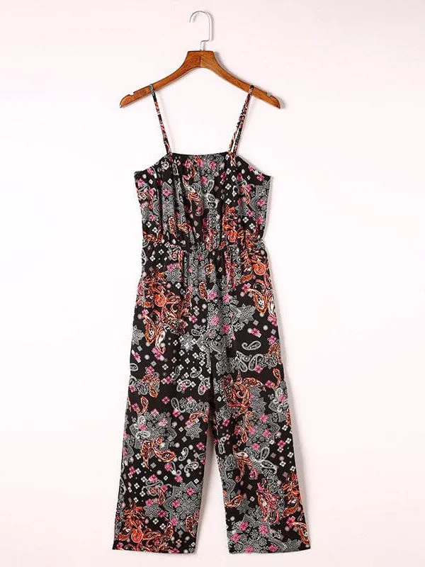 Bohemian Style Sleeveless Jumpsuit With Printed Belt And Suspender Pocket