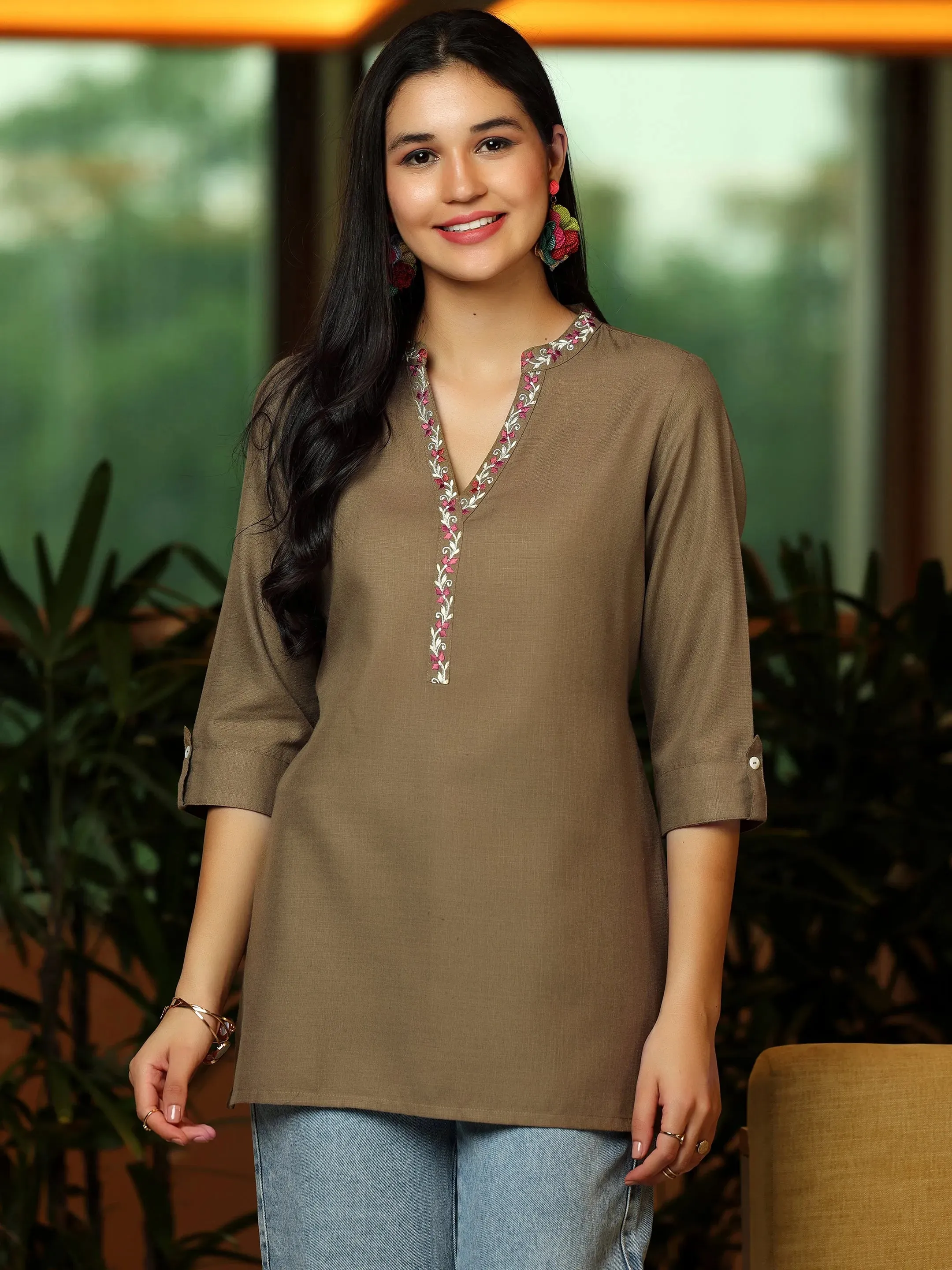 Brown Solid Cotton Blend Straight Kurti