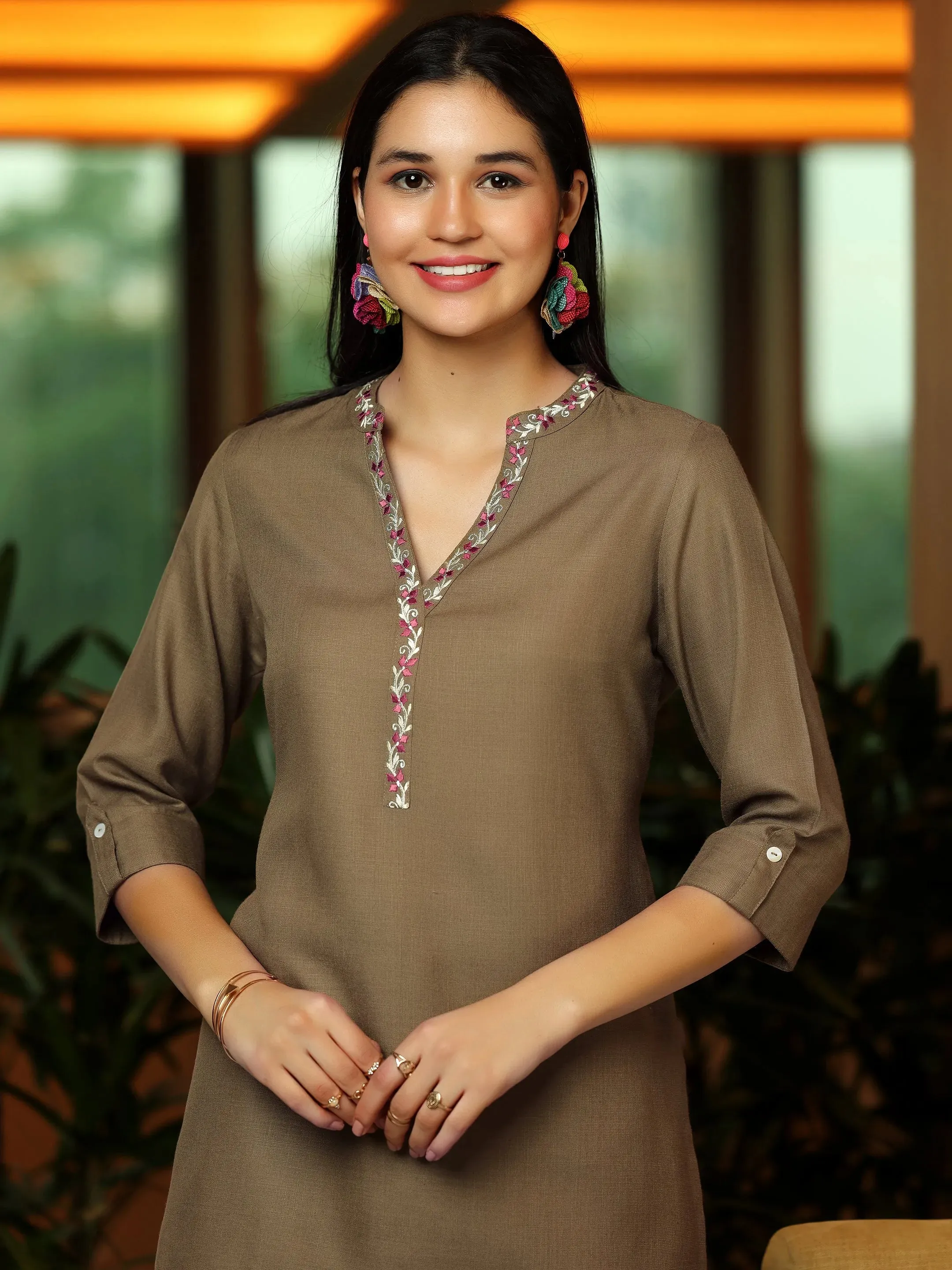 Brown Solid Cotton Blend Straight Kurti