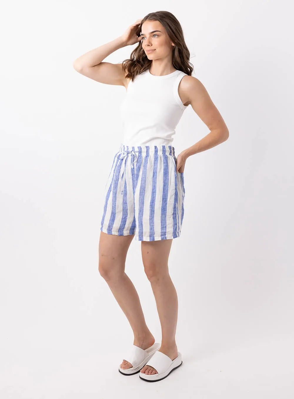 Charlie Stripe Linen Short-BLUE