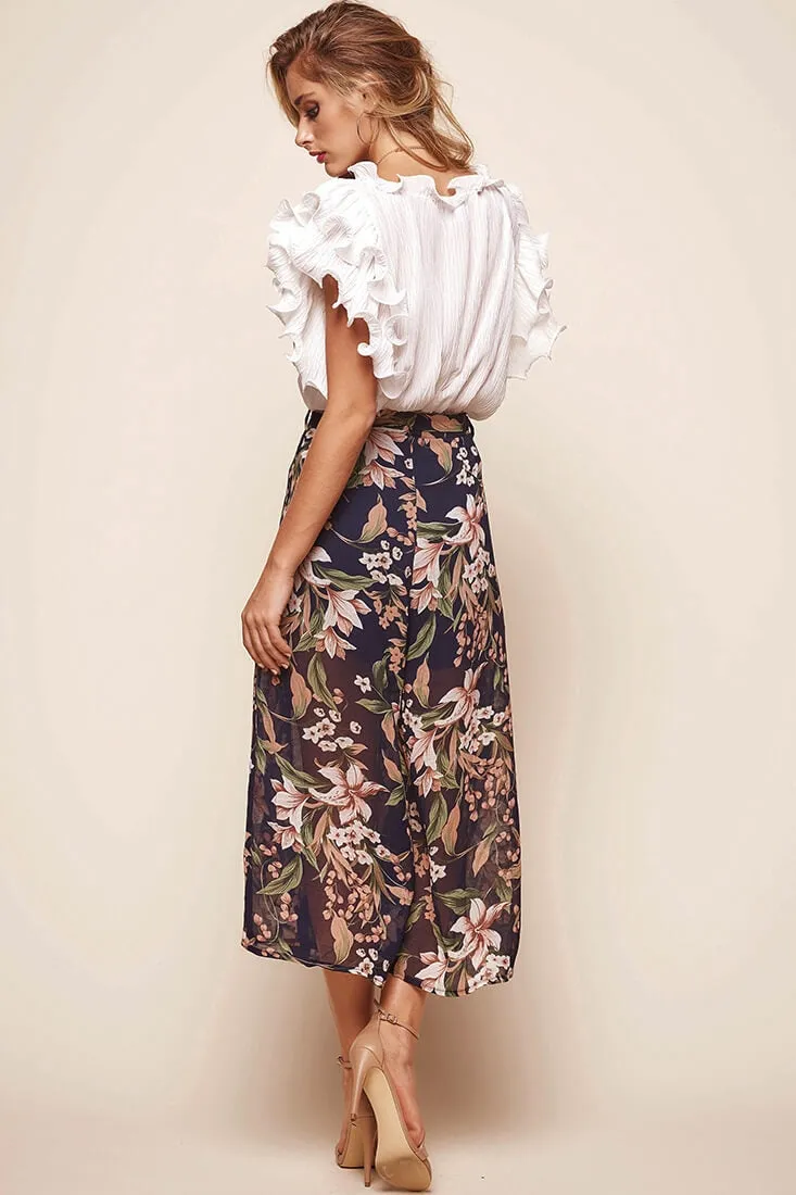 Constance Wide Leg Ruffle Pants Navy Print