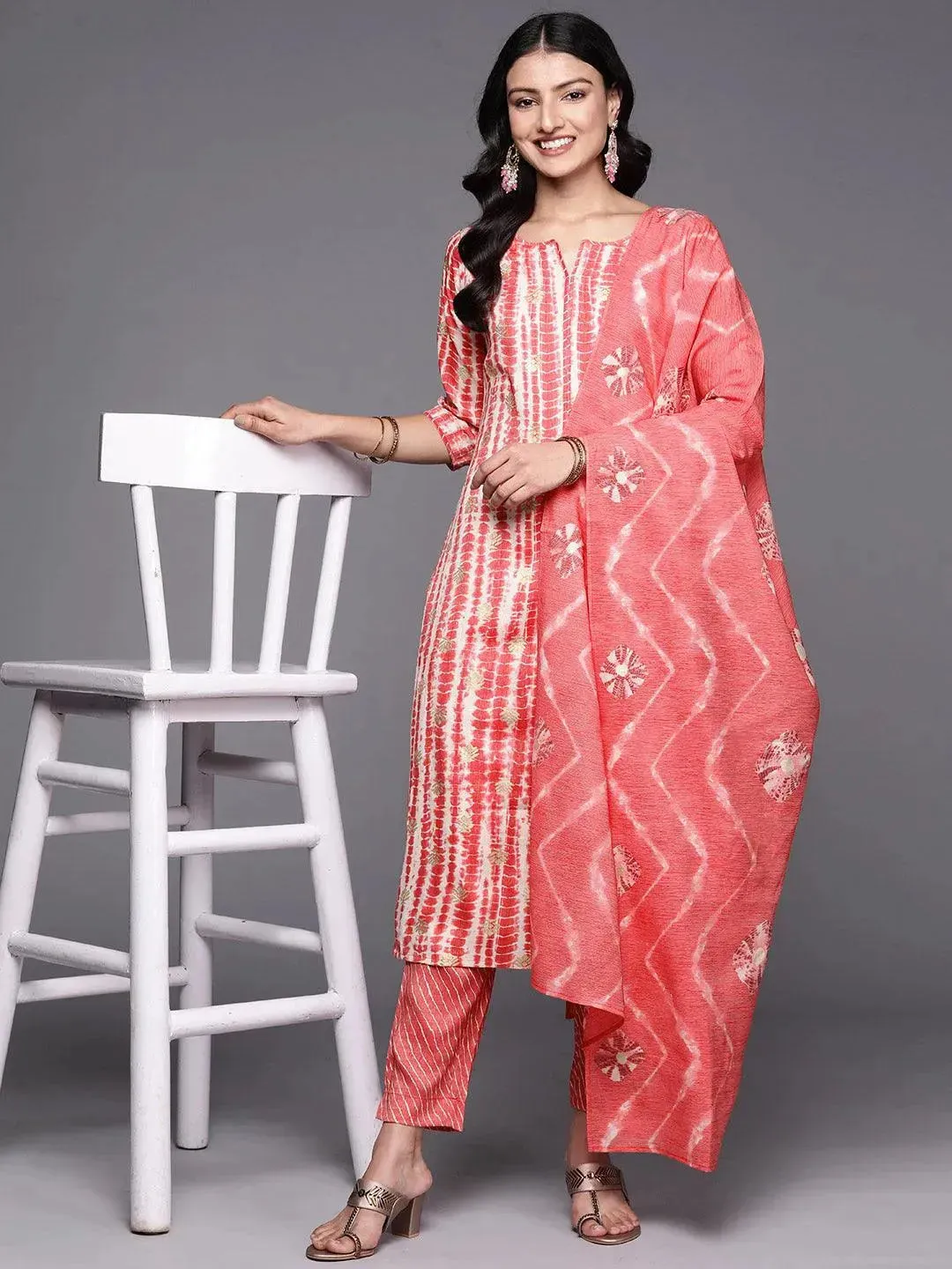 Coral Printed Rayon Straight Kurta With Trousers & Dupatta