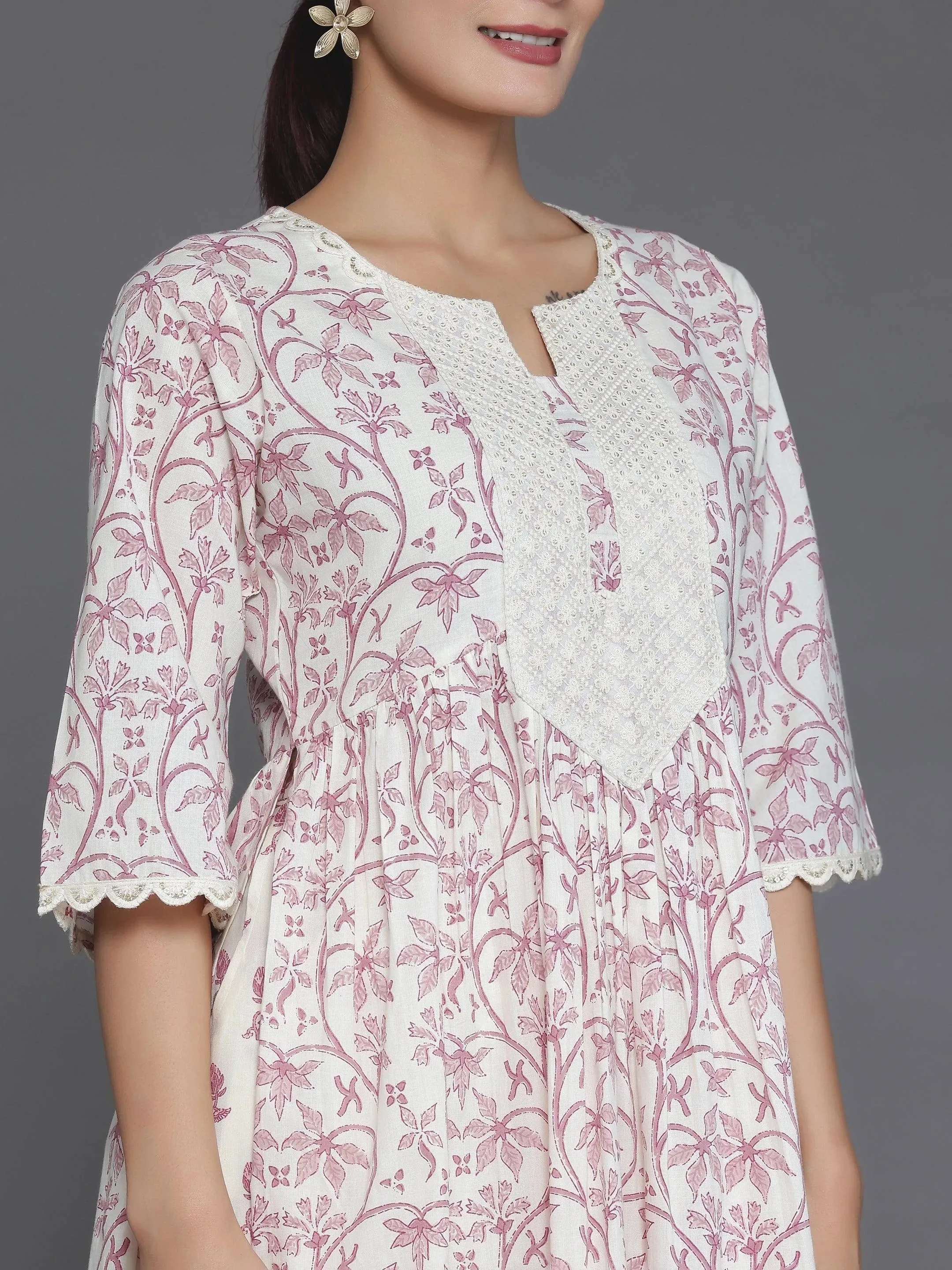 Cream Printed Cotton A-Line Kurta With Palazzos & Dupatta