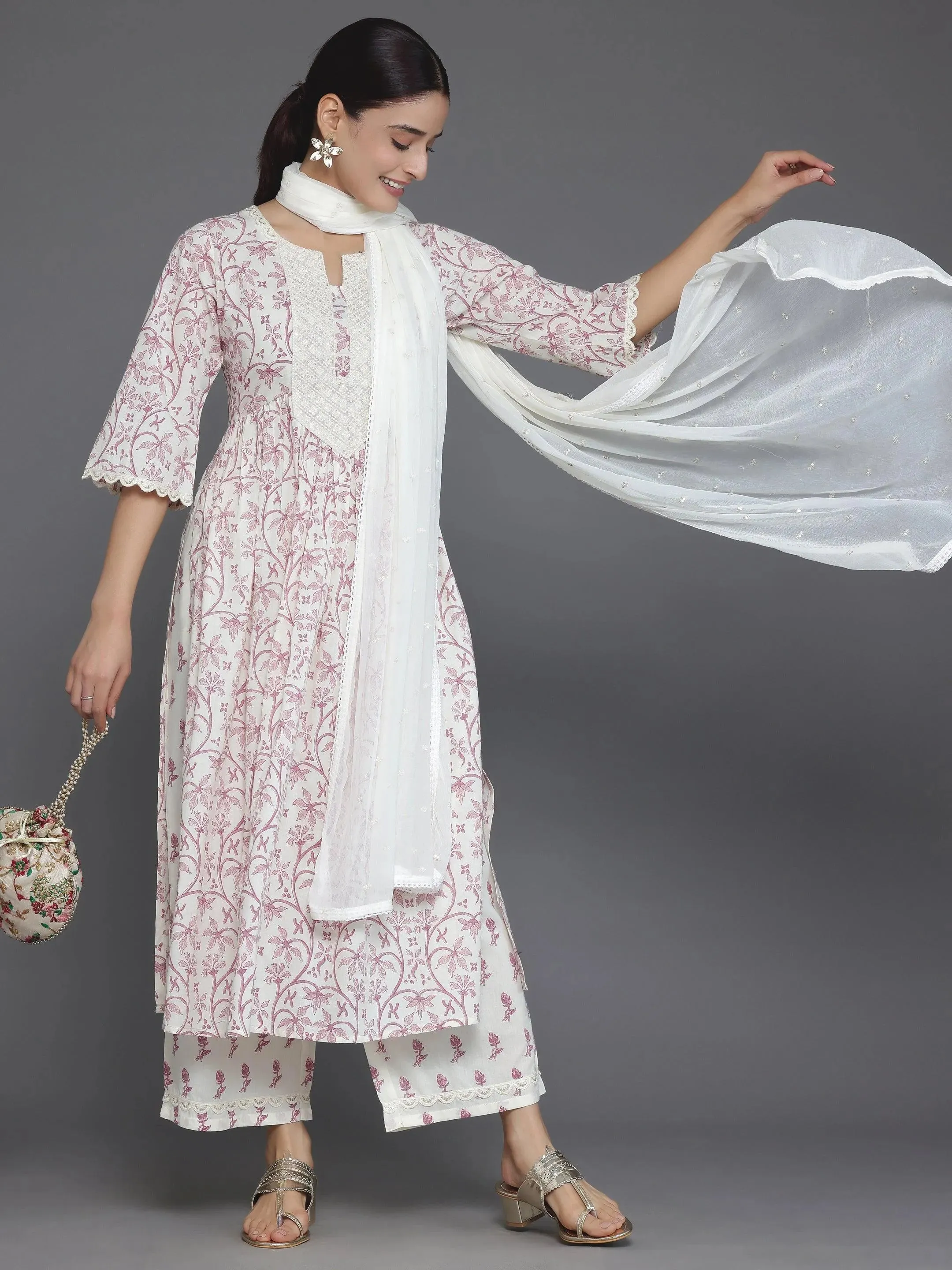 Cream Printed Cotton A-Line Kurta With Palazzos & Dupatta