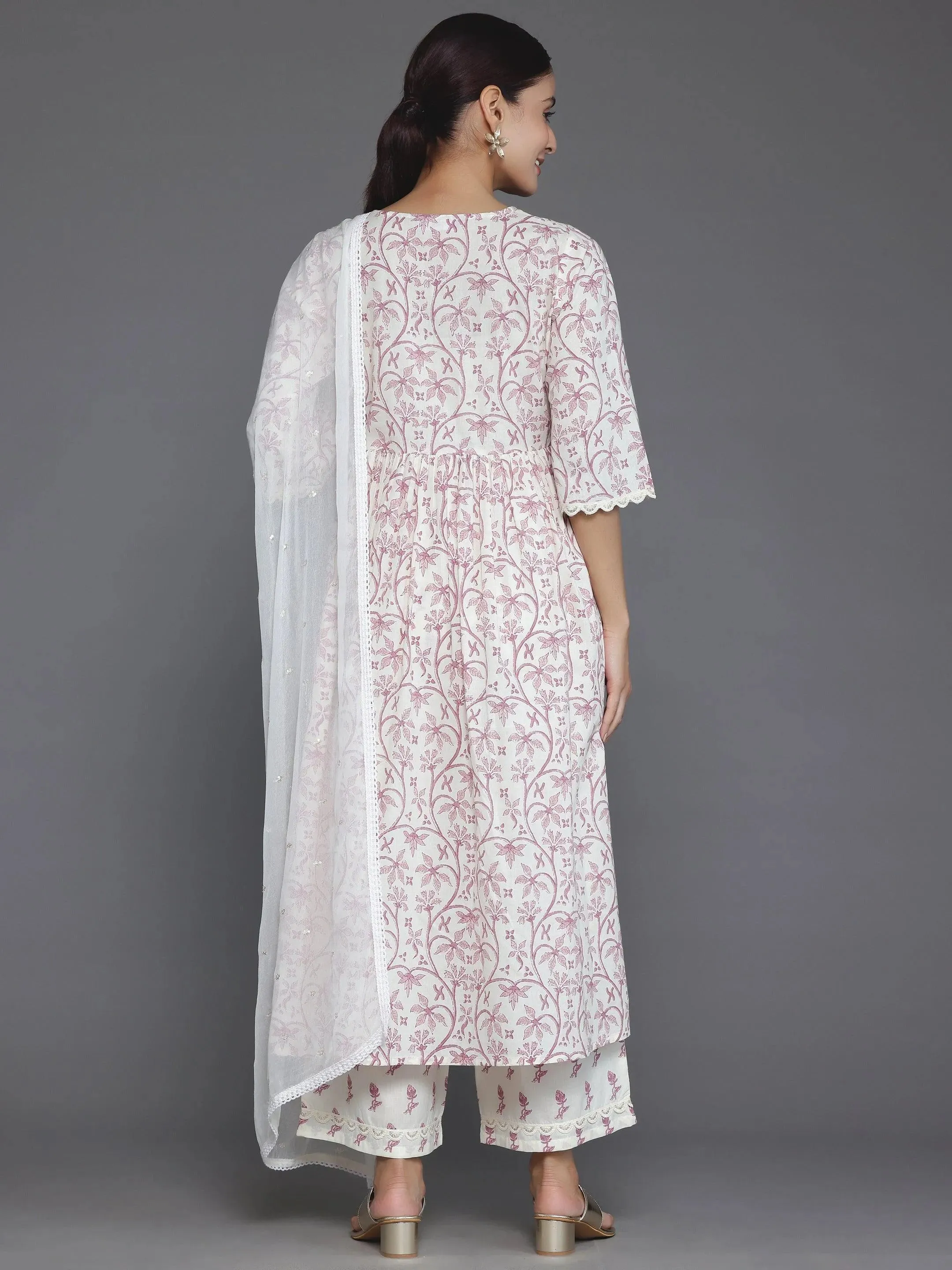 Cream Printed Cotton A-Line Kurta With Palazzos & Dupatta