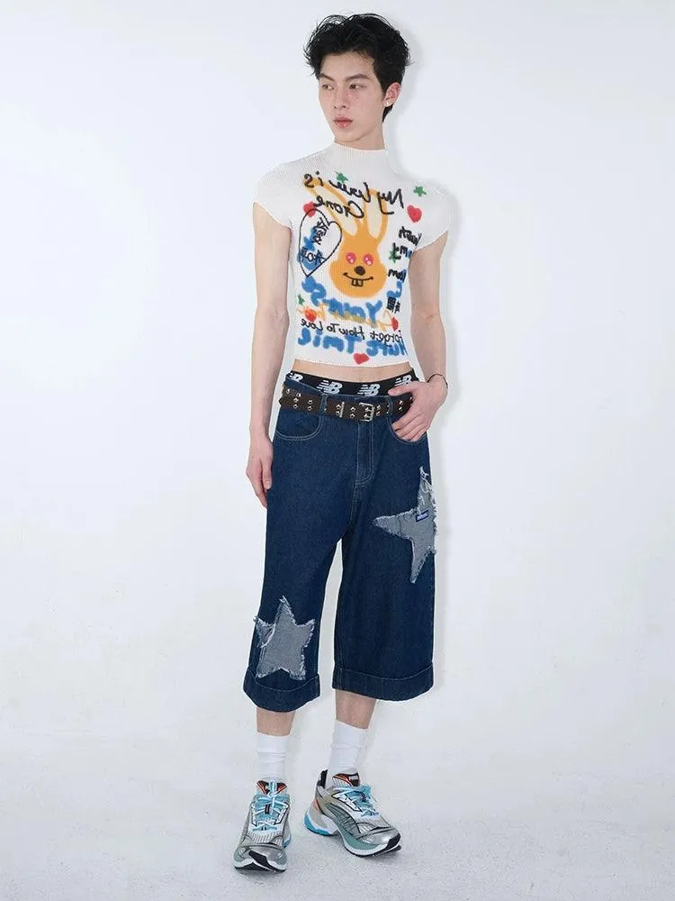 Dark Wash Denim Culottes With Star Appliqués