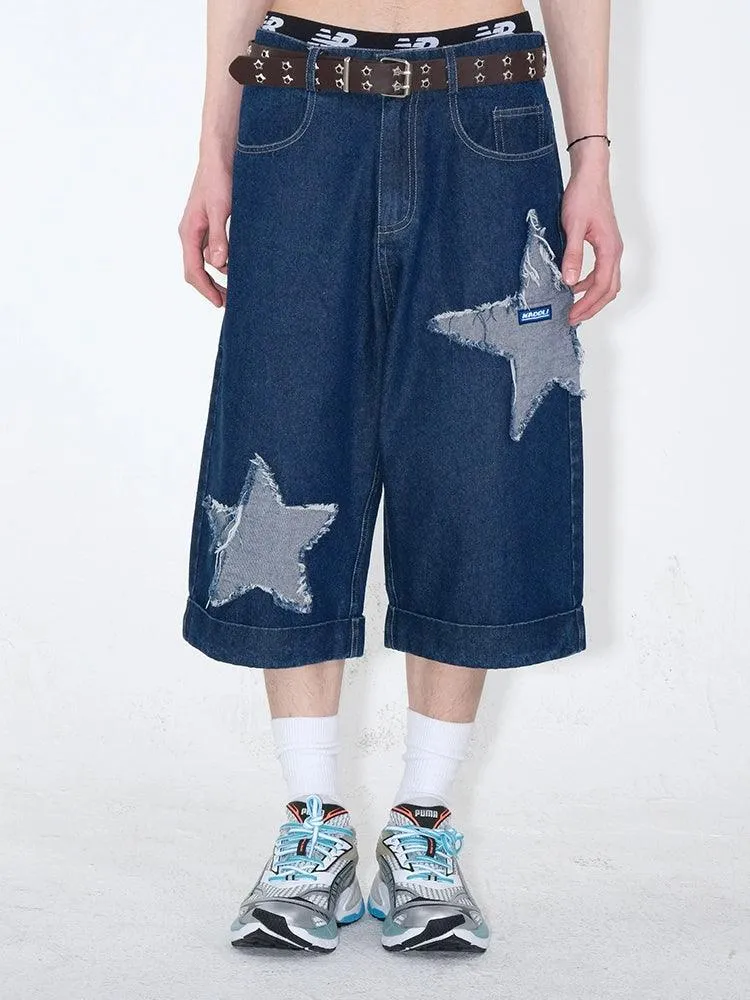 Dark Wash Denim Culottes With Star Appliqués