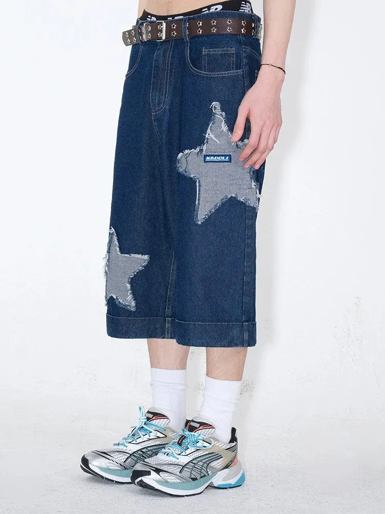 Dark Wash Denim Culottes With Star Appliqués