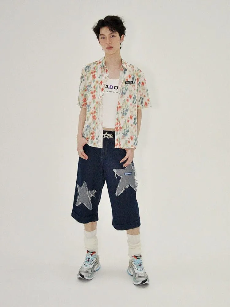 Dark Wash Denim Culottes With Star Appliqués