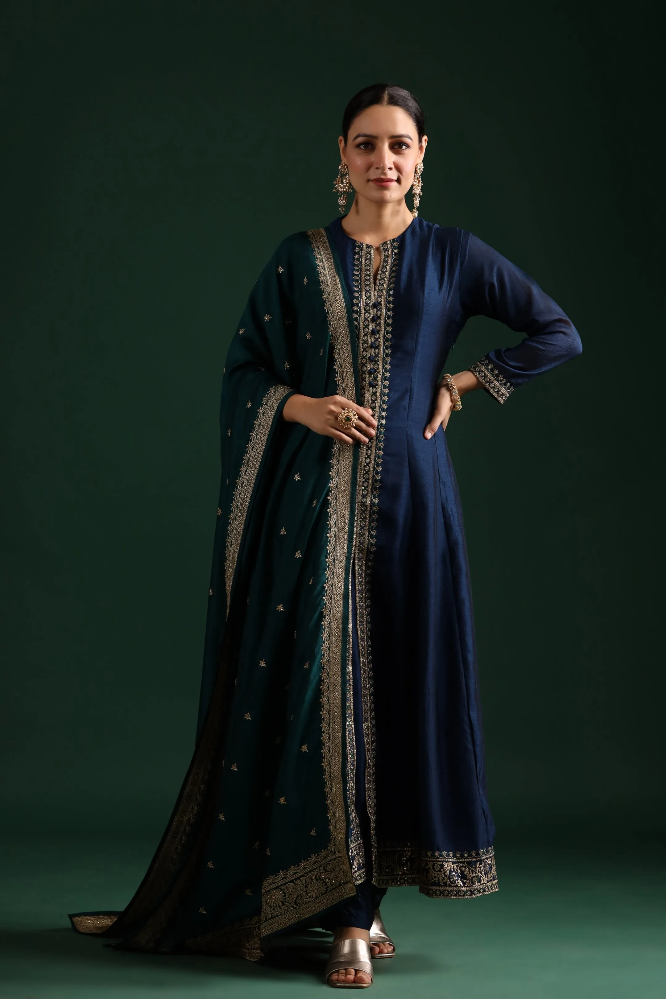 Deep Blue Embellished Tussar Silk Pants Set