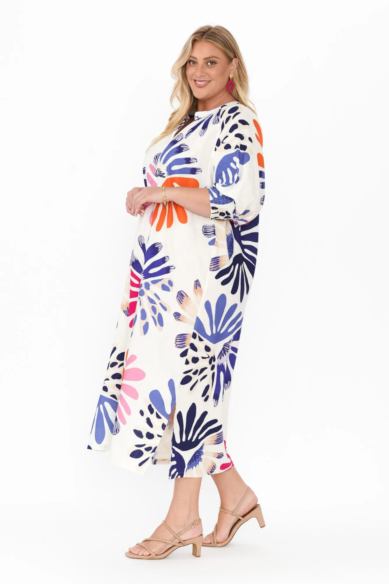 Dorothea Cream Abstract Linen Blend Dress