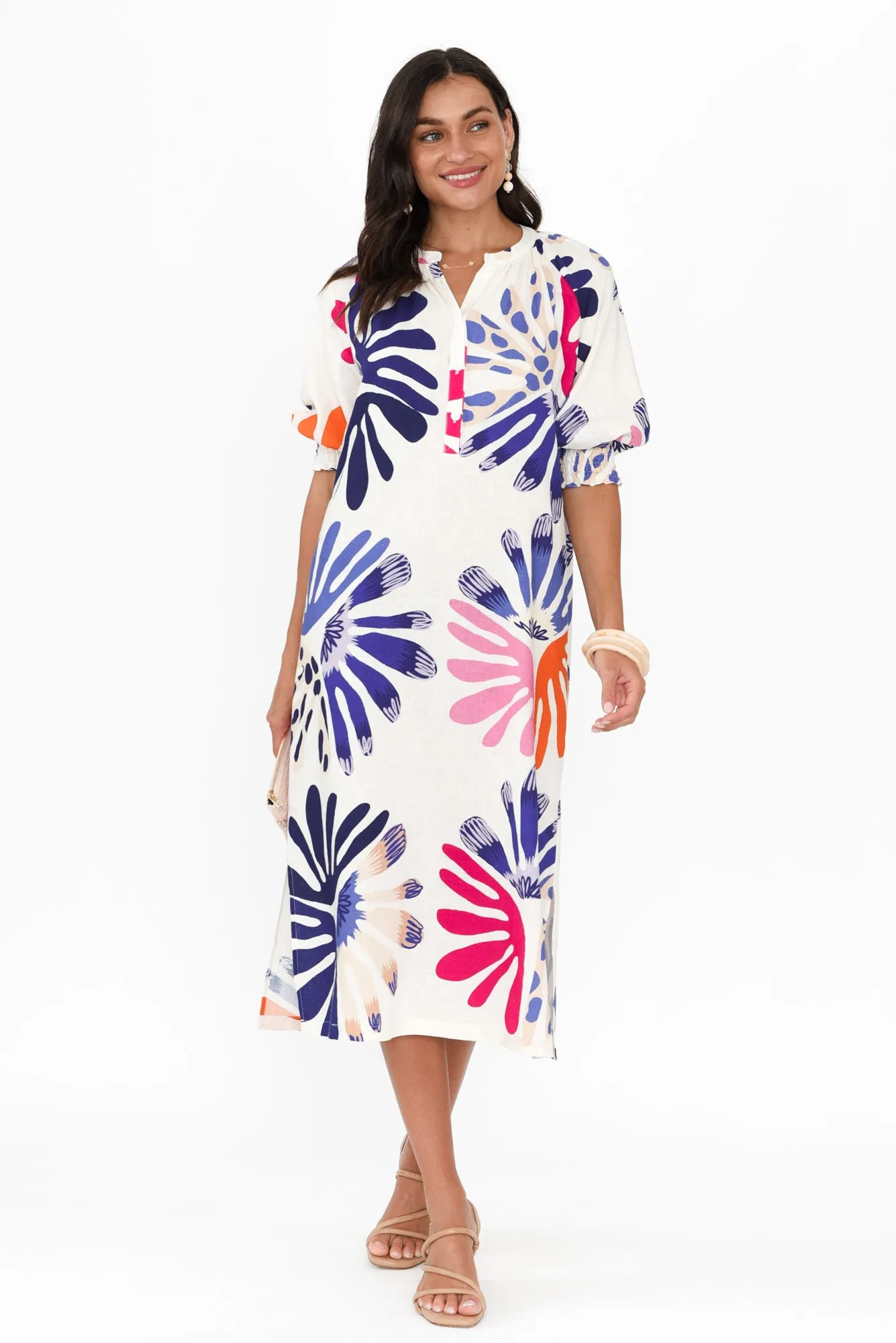 Dorothea Cream Abstract Linen Blend Dress