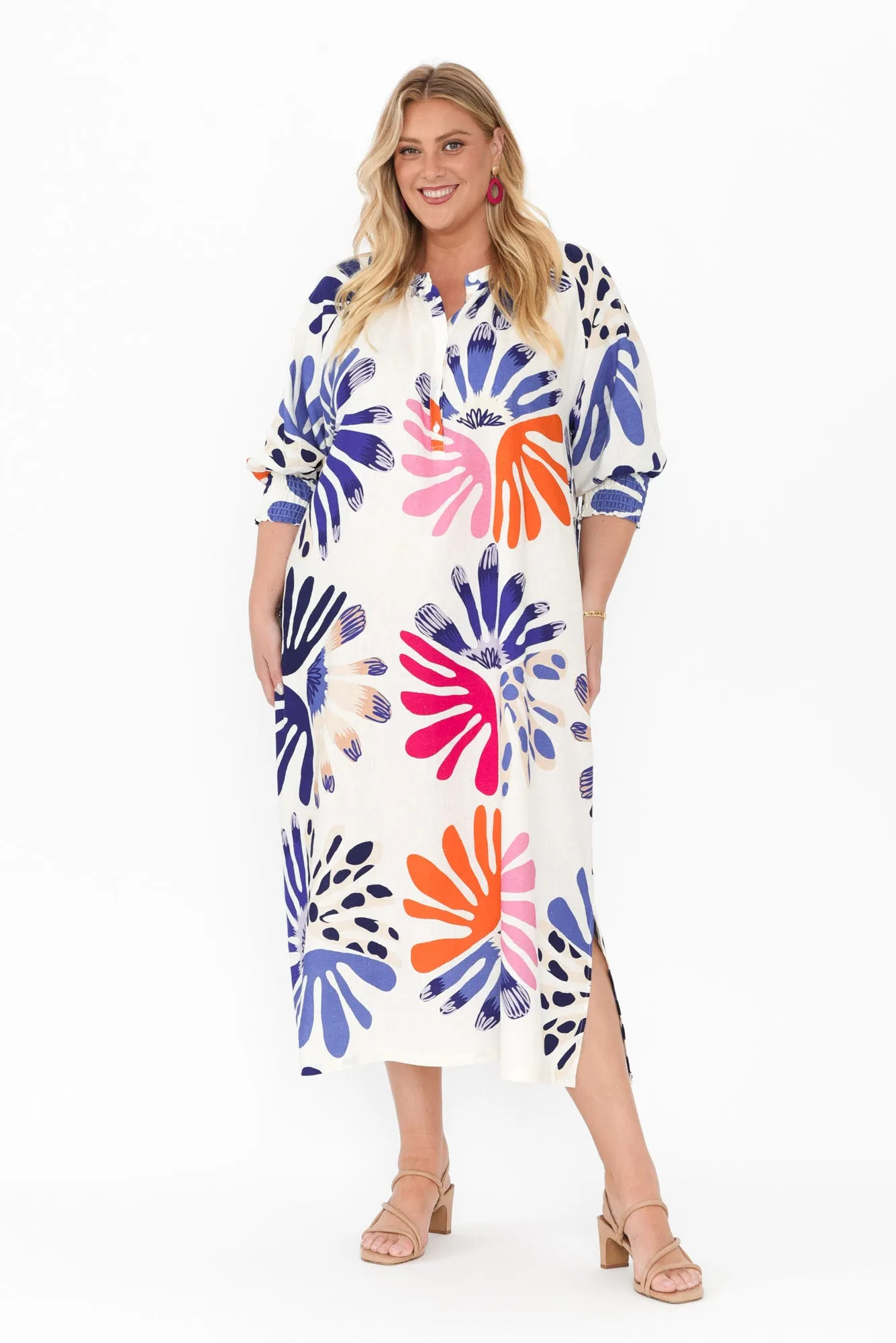 Dorothea Cream Abstract Linen Blend Dress