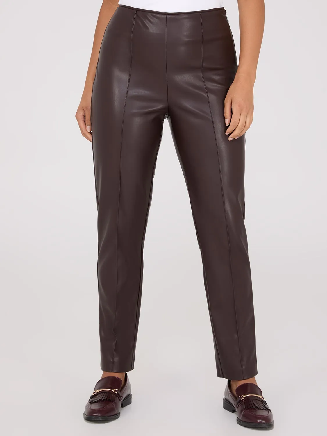 Faux Leather Front Pintuck Pants