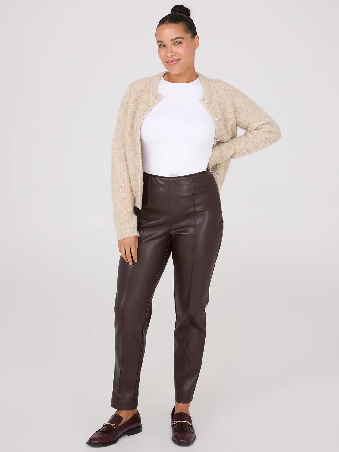 Faux Leather Front Pintuck Pants