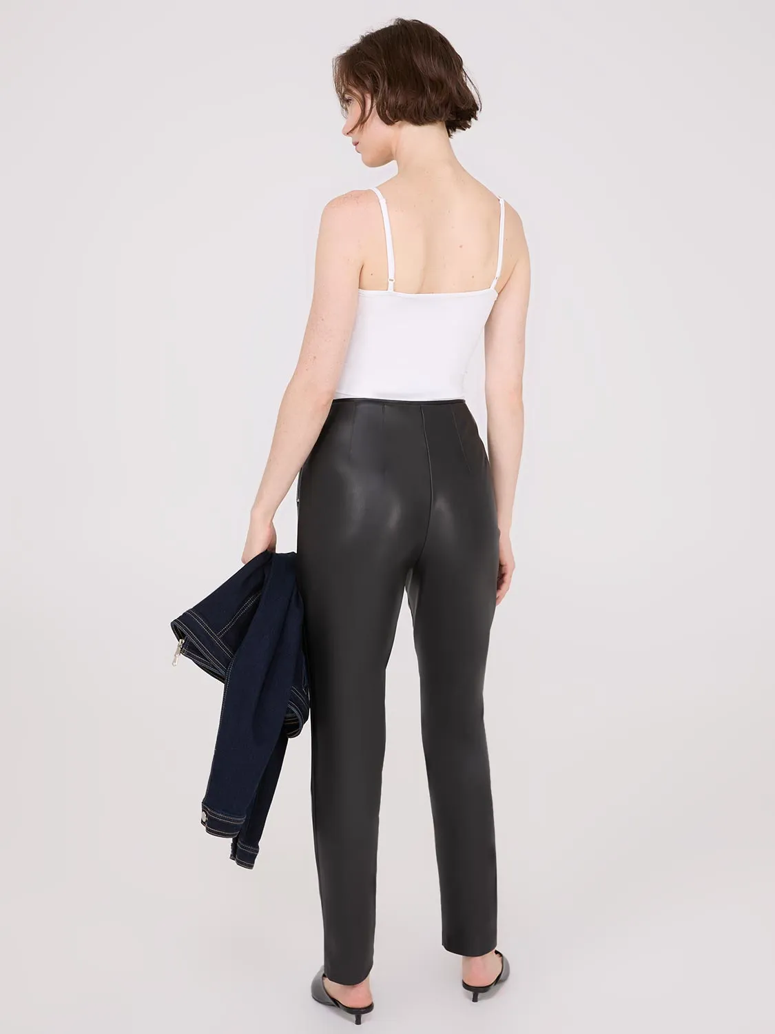 Faux Leather Front Pintuck Pants