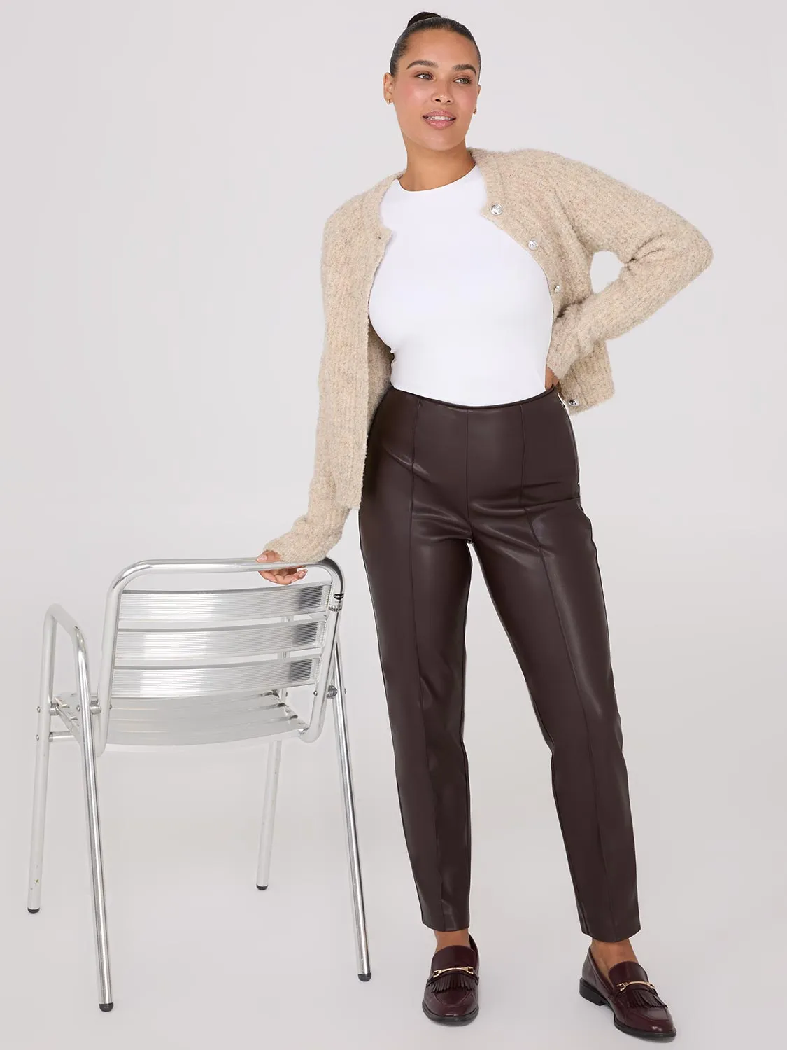 Faux Leather Front Pintuck Pants