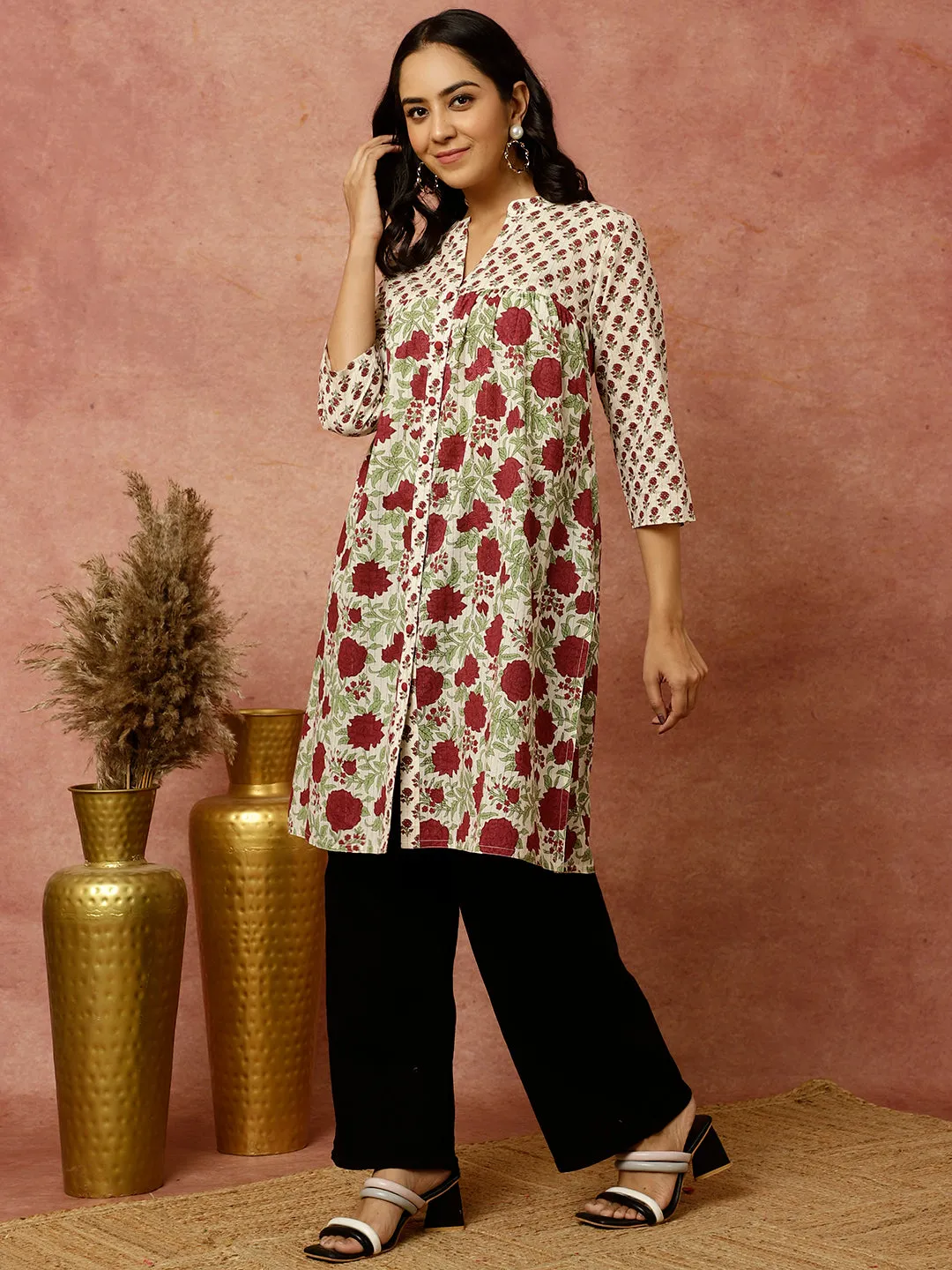 Floral Block Printed Loose Fit Cotton Kurta