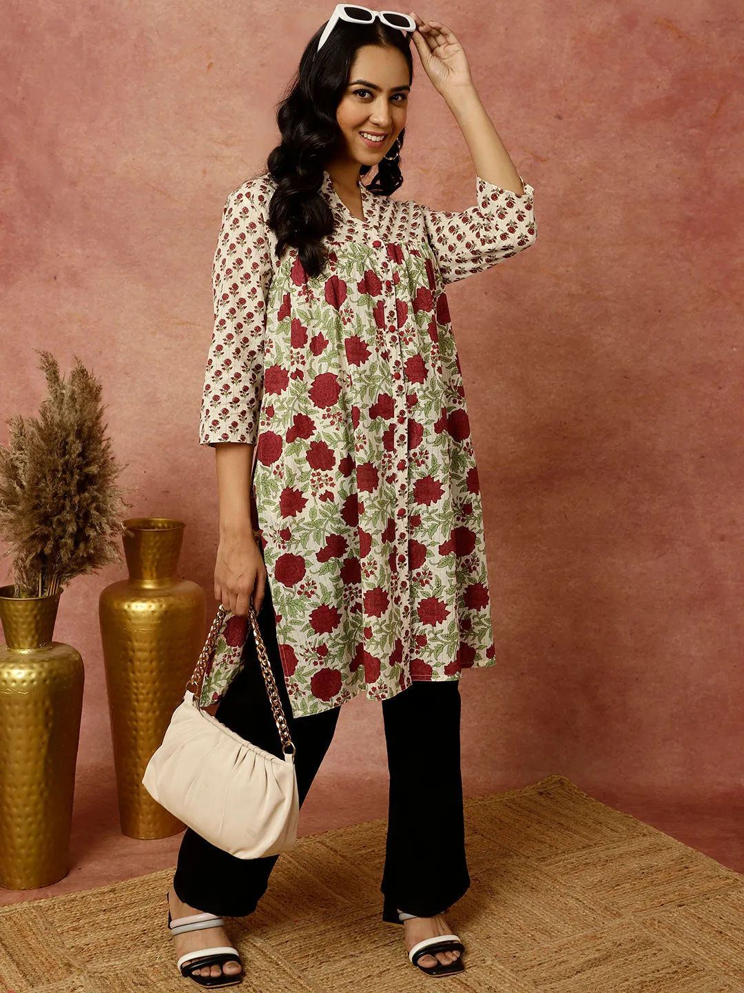 Floral Block Printed Loose Fit Cotton Kurta