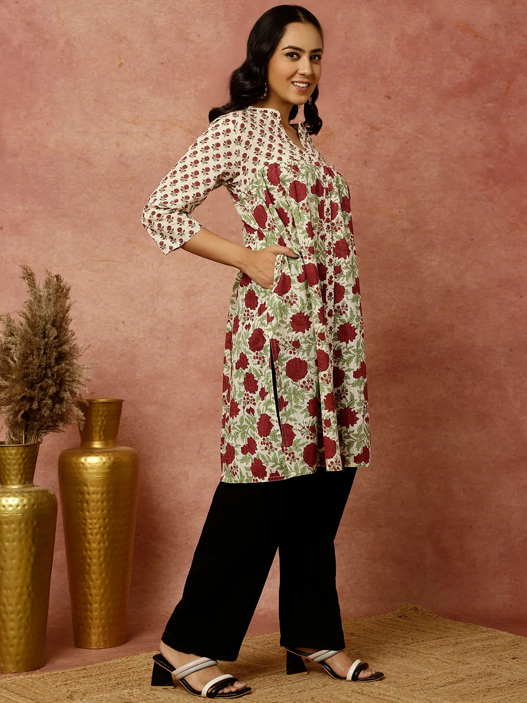 Floral Block Printed Loose Fit Cotton Kurta