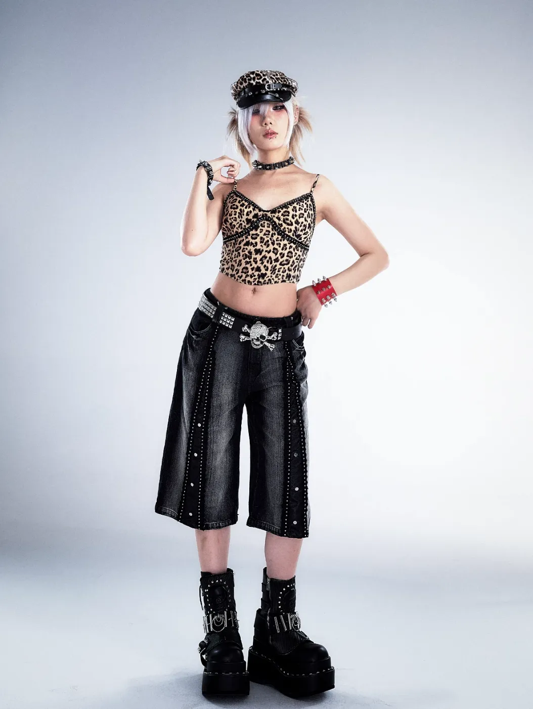 Frustration Garden Gothic Punk Denim Culottes - Black Faded Wide-Leg Capris with Studded Details