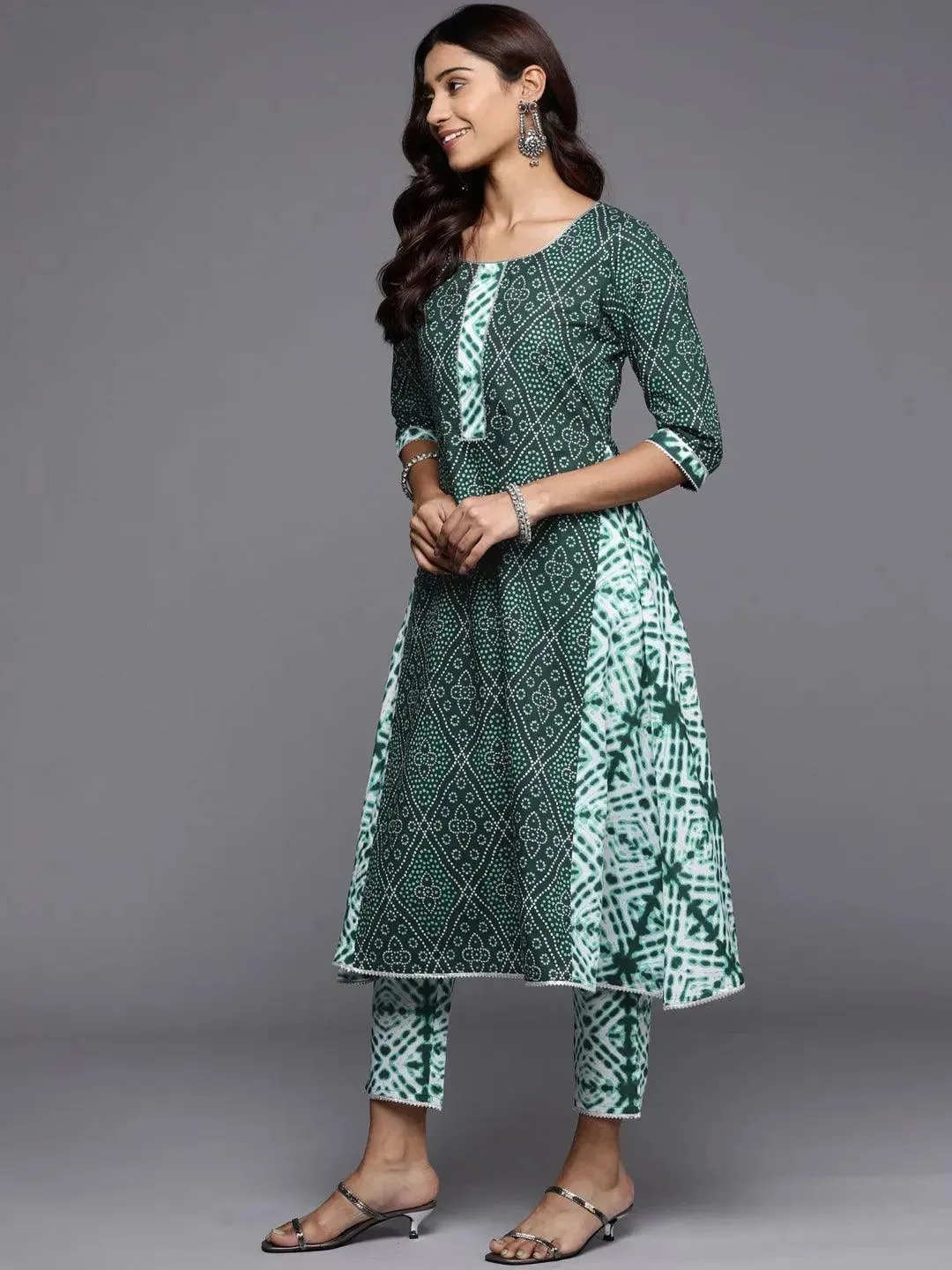 Green Printed Cotton A-Line Kurta